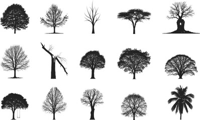 Fototapeta premium Collection of diverse black tree silhouettes against a white background representing nature and forestry silhouette