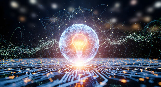 A glowing lightbulb inside a transparent sphere surrounded by digital connections and circuits, representing innovation and technology.