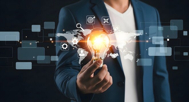 Business idea innovation creativity solution technology concept lightbulb strategy worldwide map