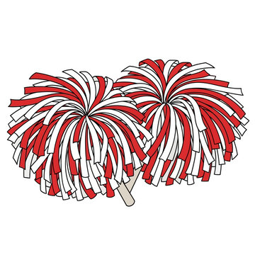 A pair of red and white pom poms likely used for cheering events