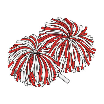 A pair of red and white pom poms commonly used for cheering and sports