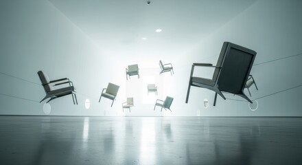 Floating chairs in a surreal white room.