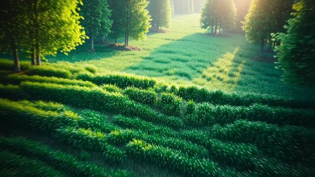 Close-up of vibrant green grass blades illuminated by soft sunlight, creating a serene natural backdrop
