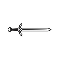 A simple black and white illustration of a medieval sword on white