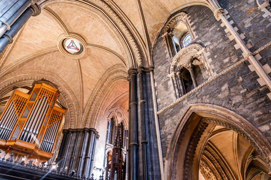 Interior view of Christchurch Cathedral, in Dublin, Ireland, medieval church built in 11th century, one of the main tourist attractions of the Irish capital.