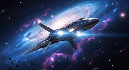 Obraz premium Futuristic spaceship soaring through a vibrant galaxy.