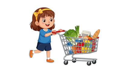 Happy Girl Shopping with Grocery Cart