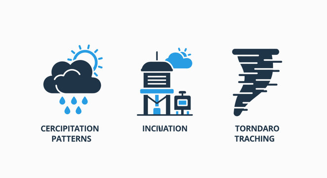 Weather icons: precipitation patterns with rain and sun, inclinometer for measurement, and tornado tracking for meteorology