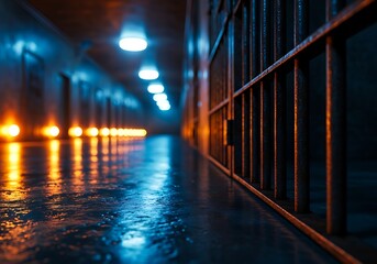 A wet tunnel with blurred lights and metal fencing in foreground