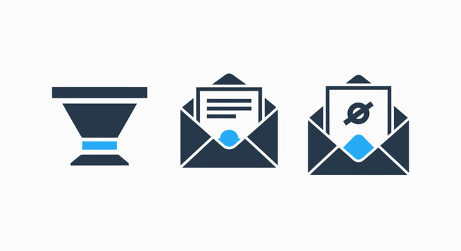 Set of icons representing a funnel, incoming mail, and undeliverable mail for filtering, communication, and message management.