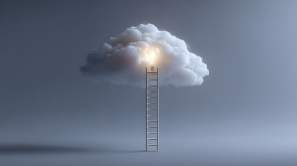 Fototapeta premium Reaching the Cloud: a metaphor for the pursuit of knowledge and dreams, a ladder leading to a fluffy cloud where a light bulb glows.
