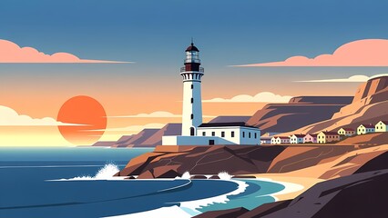 Lighthouse on a rocky coastline overlooking a seaside village at sunset