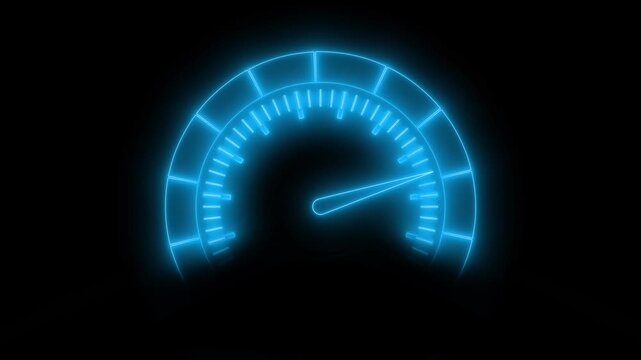 Neon glowing speedometer animation on a dark background, indicating speed