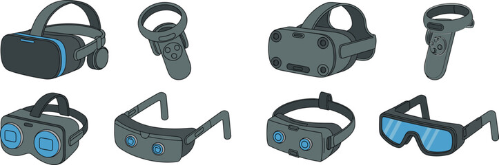 Virtual reality and augmented reality devices illustration set with VR headsets, controllers and smart glasses, modern flat vector design for gaming, technology and metaverse concepts © Dulal Creatives