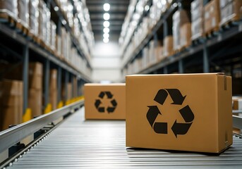 Cardboard boxes with recycling symbols move along a warehouse conveyor belt
