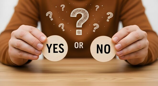 Yes or no decision making dilemma with question marks for choice and uncertainty concept image design