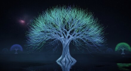 Glowing tree under a starry night sky