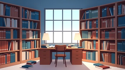 Cozy library study with book filled shelves, a central desk, and warm daylight from a large window