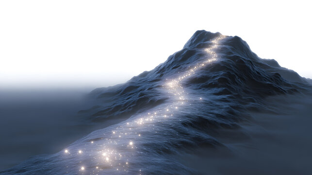 Path to Enlightenment: A surreal landscape, where a mountain peak pierces the clouds, illuminated by a celestial trail of light, symbolizing a journey towards enlightenment or reaching a goal. 