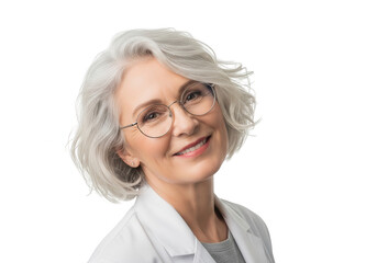 Smiling senior woman in lab coat and glasses looking at camera