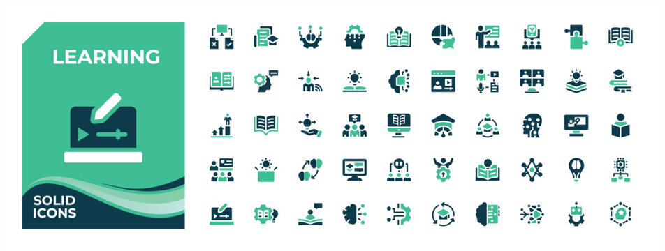 Learning colorful vector solid icon set. Pictograms of university, training, diploma, course, learn, book, tutorial and more. Web icons pack. School icon pack. Editable vector art.