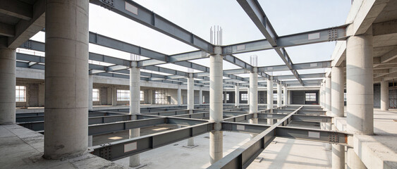 Building under construction with concrete columns and steel beams in grid layout. Ideal for architecture, engineering, or construction industry visuals