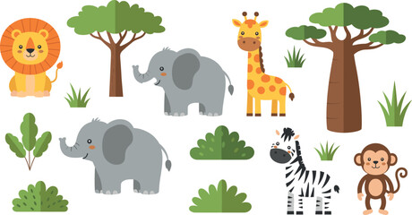 Flat design african savannah animals set with lion elephant giraffe zebra monkey and safari trees for children education vector. © Ahmed Sahid