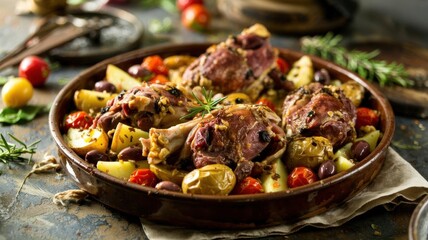 A dish of Greek cuisine. Kleftiko (Greek: ΚλέΦτικο) mutton baked in Greek with potatoes and olives. This is the most tender mutton, which languishes in its own juice along with vegetables.