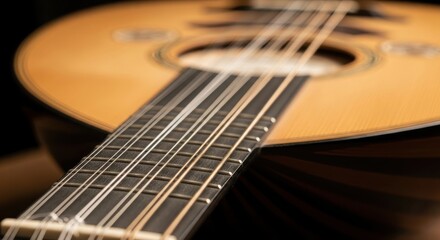 Fototapeta premium Close-up of a classical guitar with intricate fretboard.