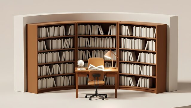 Curved bookshelf library corner with desk, chair, lamp and globe in a tidy study room
