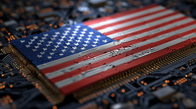 American Flag Embedded in Advanced Microchip on Circuit Board &mdash; Symbol of US Technology Leadership, Semiconductor Industry, Digital Security, AI Innovation, National Infrastructure and High-Tech Power