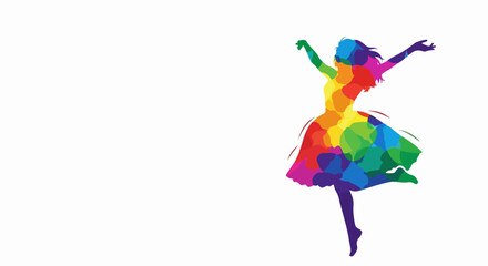 Obraz premium Vibrant dancing woman silhouette with geometric rainbow patterns on clean white background. Dynamic dancing woman pose conveys freedom, celebration, artistic expression.
