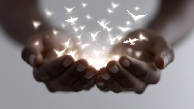 Embracing Hope: Illuminated birds erupting from cupped hands, symbolizing the release and embrace of freedom and hope.