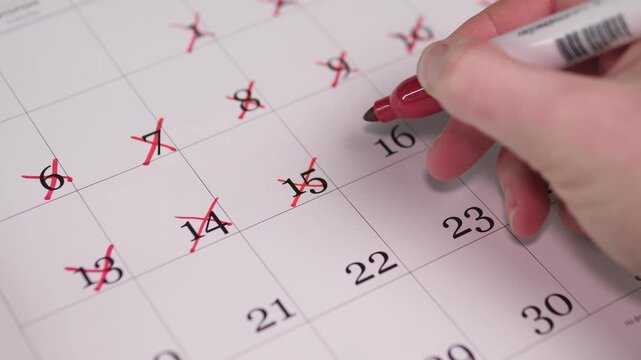 Calendar Calendar Marking Activity. Crossing Days With Red Ink. Finalizing Schedule By Crossing Off Days With Red Ink. Focusing On Planning By Crossing Out Days Using Red Pen In Sequence