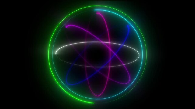 Neon Atomic Orbital Energy Loop Animation on Black Background