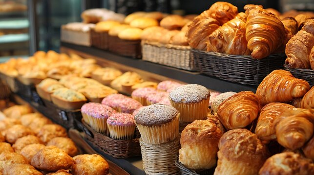 A bakery display filled with croissants, pastries, and muffins 