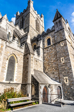 Exterior view of Christchurch Cathedral, in Dublin, Ireland, medieval church built in 11th century, one of the main tourist attraction of the Irish capital.