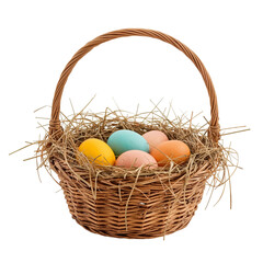 Obraz premium Colorful Eggs in a Woven Basket With Green Grass Display for Spring Celebrations