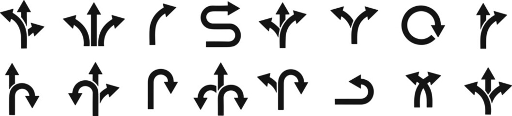 Road traffic direction arrows flat set. You-turn, left, right, two way, three way transportation direction arrow symbol. decision icon vector © Muhammad