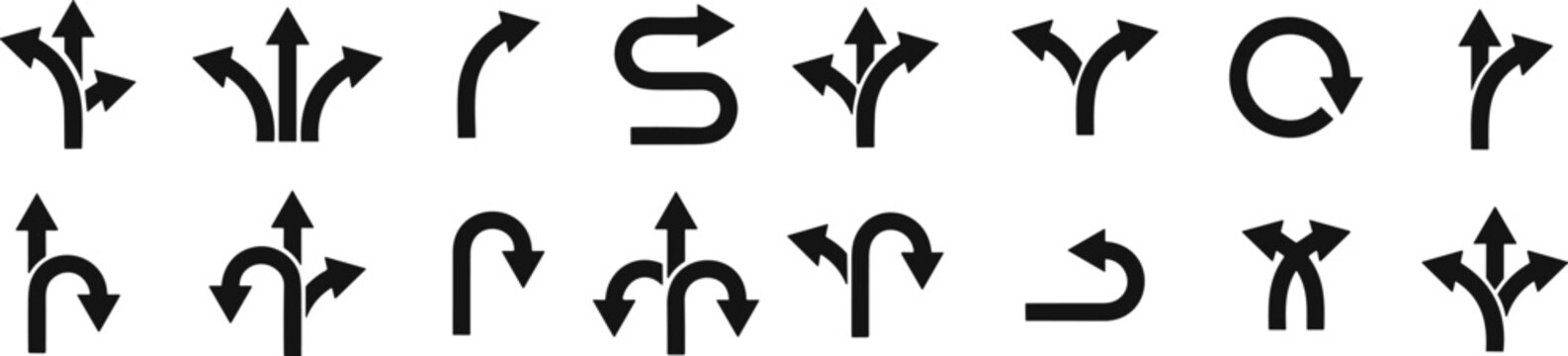 Road traffic direction arrows flat set. You-turn, left, right, two way, three way transportation direction arrow symbol. decision icon vector