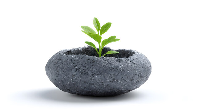 Growth Emerges: A small, vibrant sprout emerges from a textured, dark gray stone, symbolizing resilience, growth, and the harmonious blend of nature and nurture. 