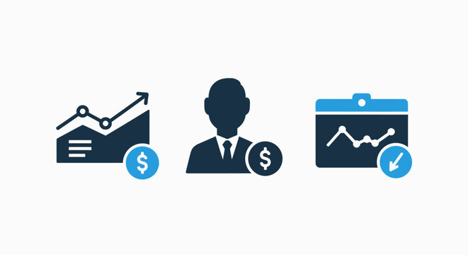 Icons representing financial growth charts, a person with dollar sign, and a calendar with chart, symbolizing investment, finance, and market trends.