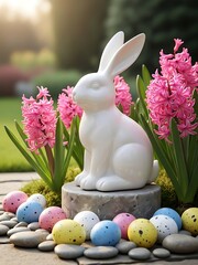 Easter bunny statue with colorful eggs and flowers