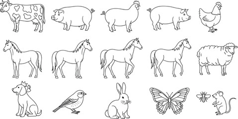 Black and white line drawings of farm animals and other creatures on a white background chicken © MST Hasina