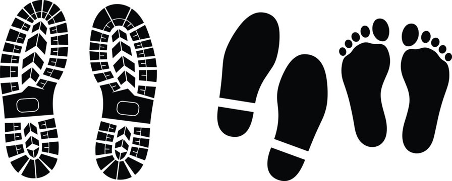 Black silhouette footprints and boot prints on a white background shoe print sole
