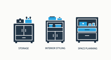 Fototapeta premium Home Organization Icons: Storage Cabinet, Interior Styling, and Space Planning Furniture