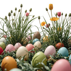 Obraz premium Colorful Eggs Placed Among Tulips and Grass for a Spring Celebration in the Garden