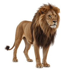 Fototapeta premium Lion Stands Proudly Showing Strong Muscles and Thick Mane During Bright Daylight