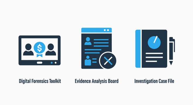 Icons for law enforcement and investigation: digital toolkit, evidence board, case file