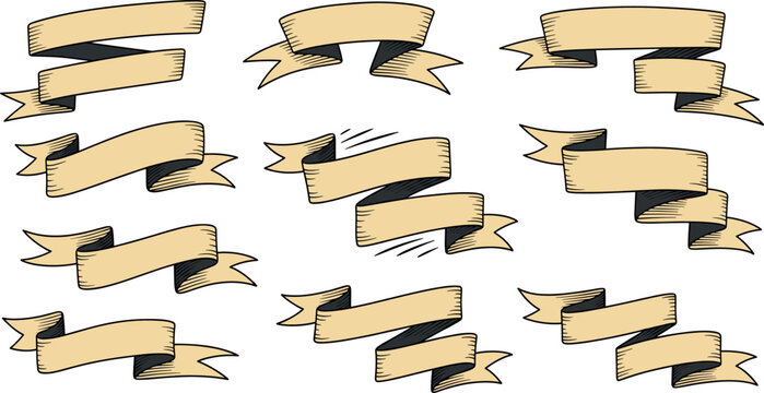 Vintage hand drawn parchment ribbon set with rustic scroll banners for retro labels logos and classic invitation design vector.